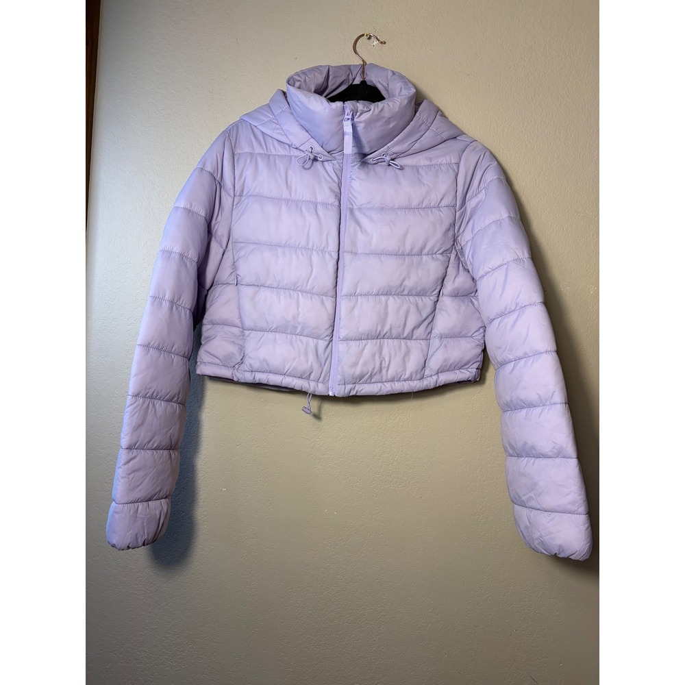 Zara Lavender Purple Cropped Puffer Jacket Hooded Quilted Coat Womens Large